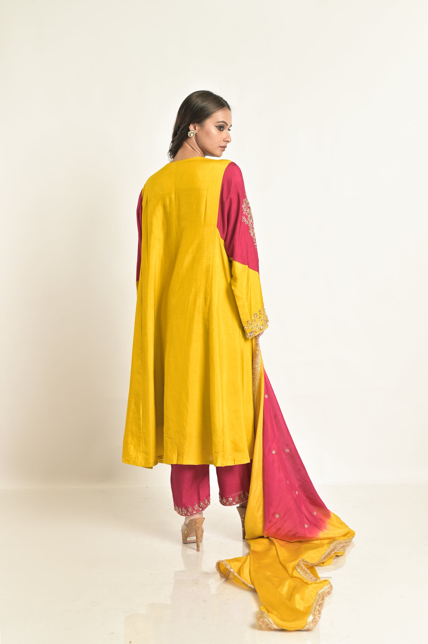 Yellow Two Toned Suit Set With Intricate Arm Detailing