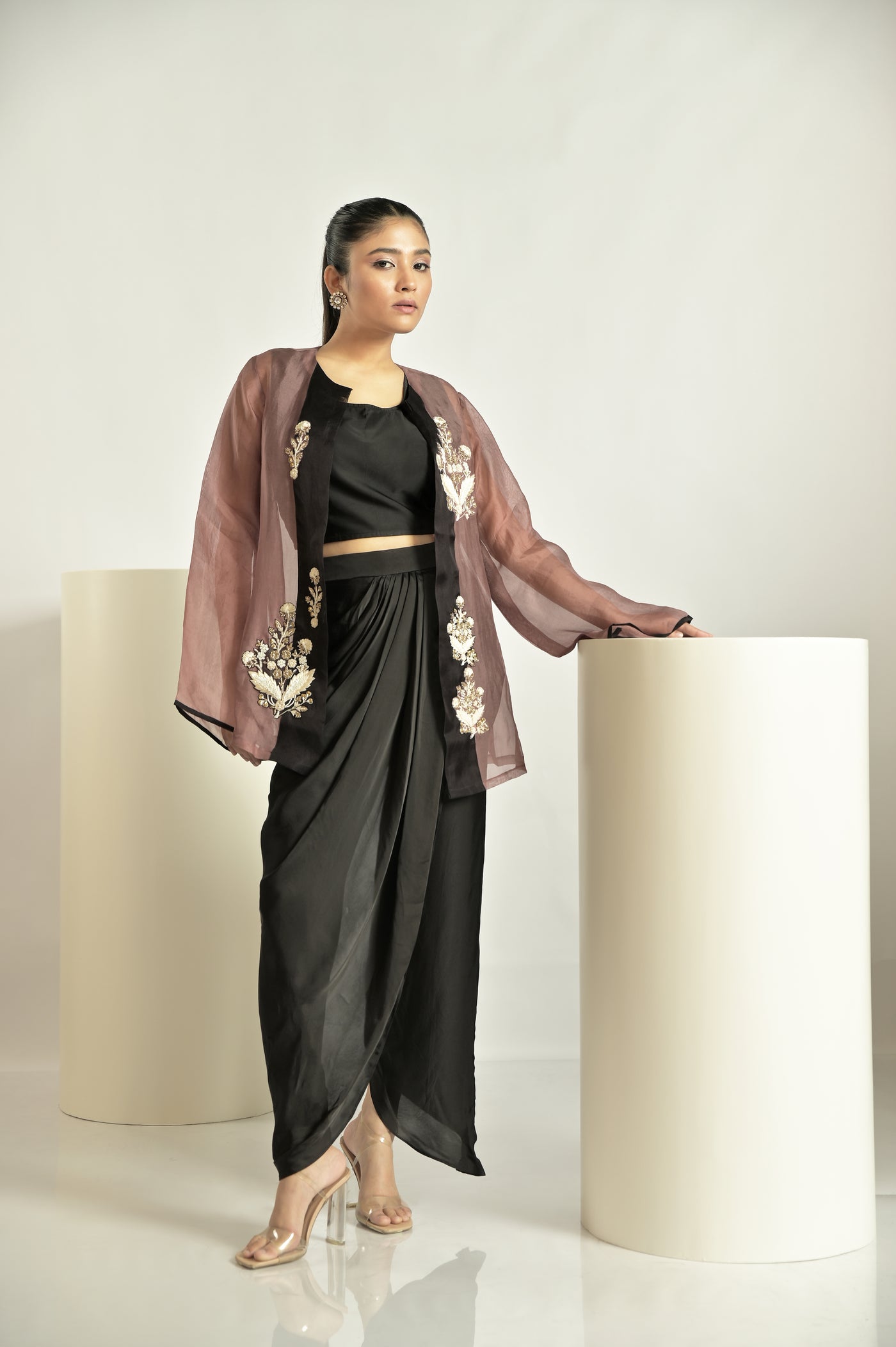 Brown Jacket With Draped Pant Set