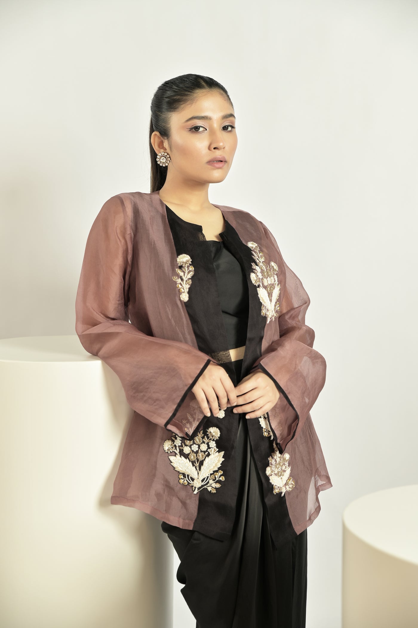 Brown Jacket With Draped Pant Set