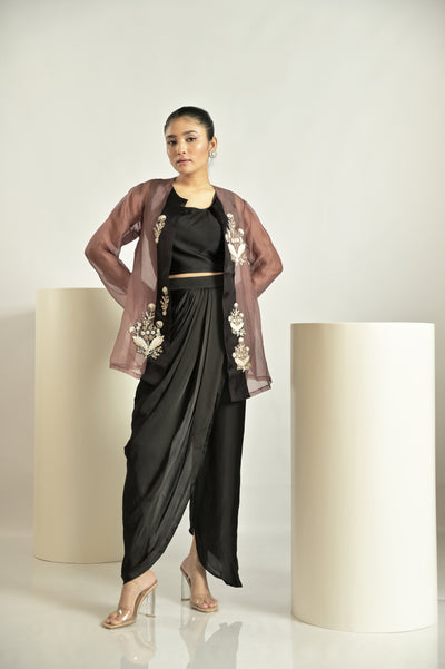 Brown Jacket With Draped Pant Set