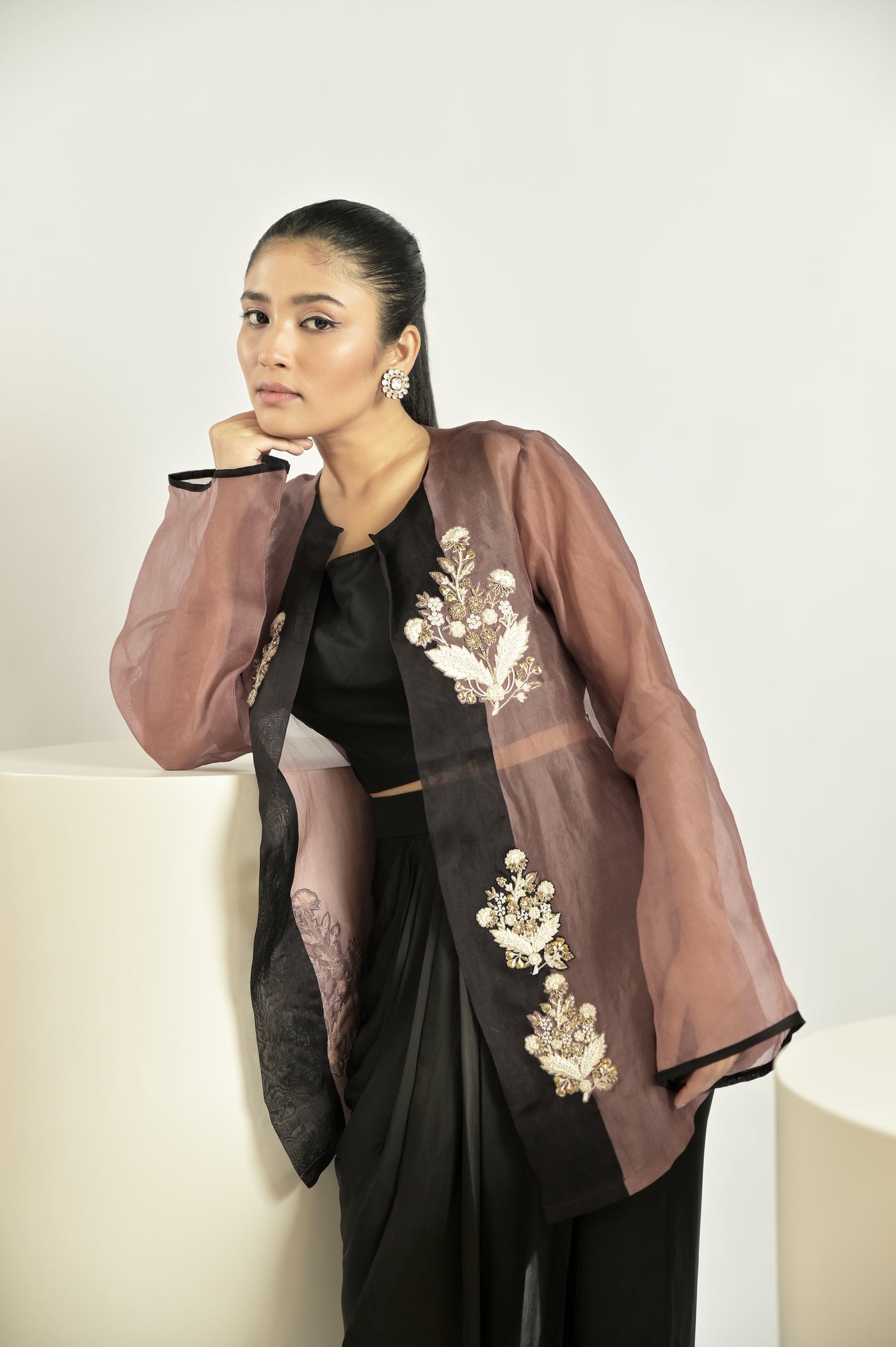 Brown Jacket With Draped Pant Set