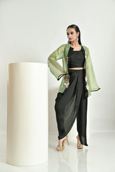 Green Jacket With Draped Pant Set