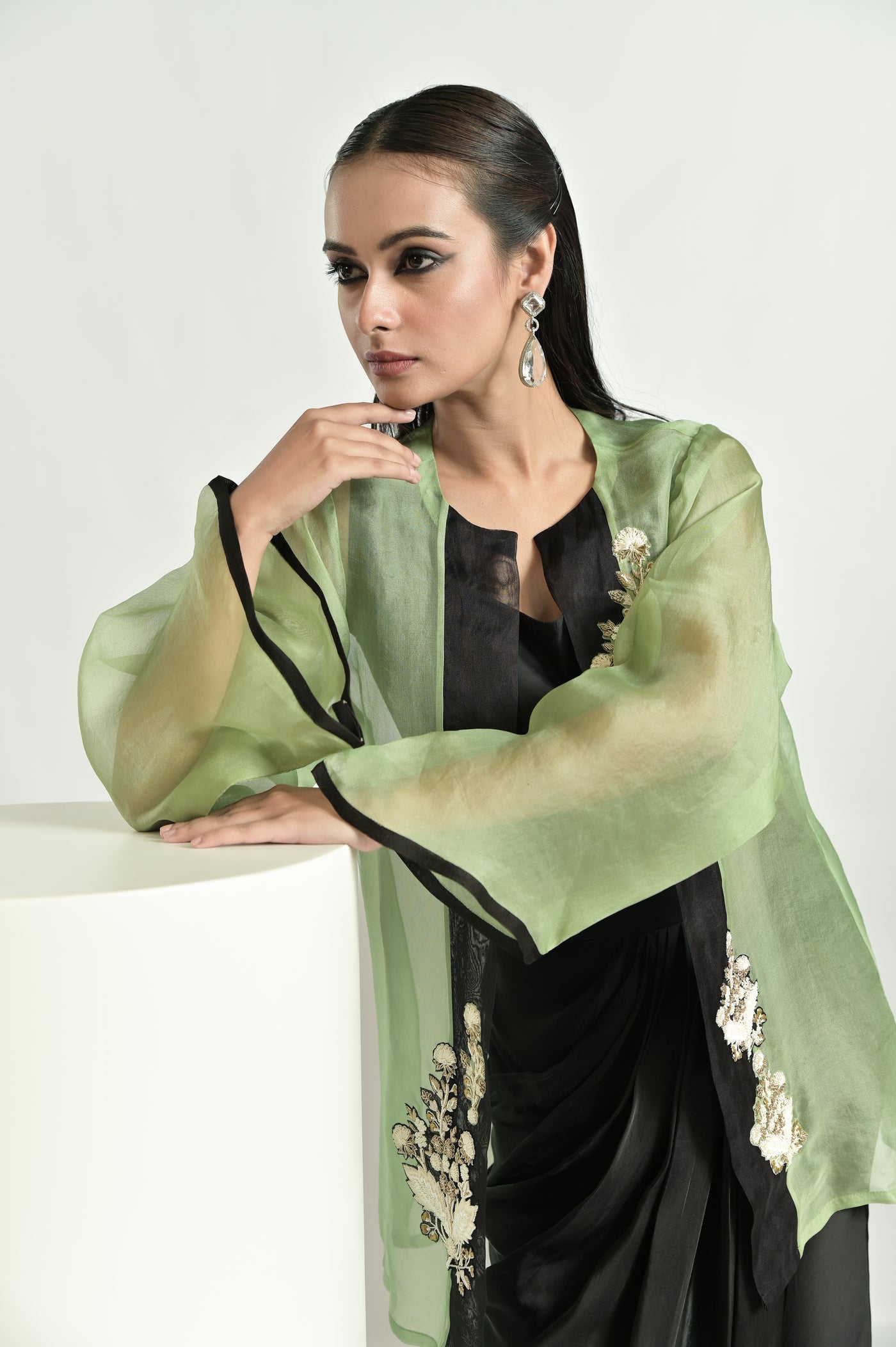 Green Jacket With Draped Pant Set