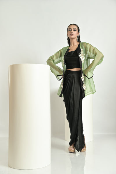 Green Jacket With Draped Pant Set