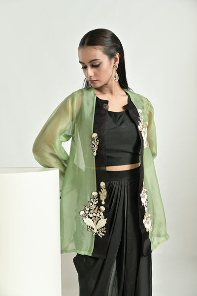 Green Jacket With Draped Pant Set