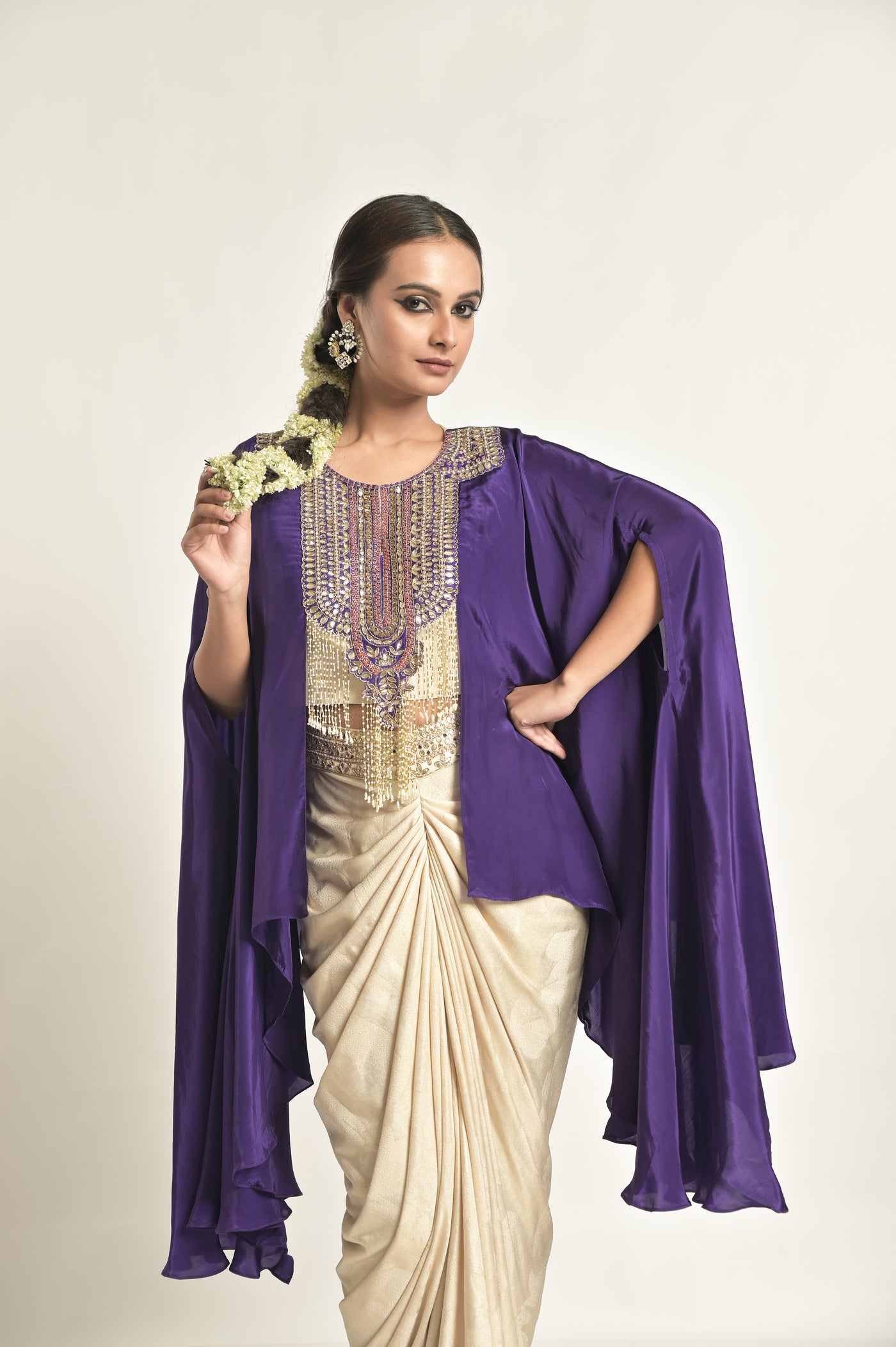 Purple Drape Top With Metallic Drape Skirt