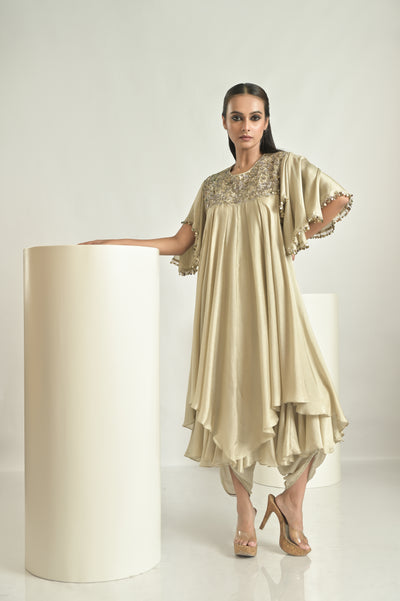 Beige Asymmetrical Drape Kurta With Dhoti