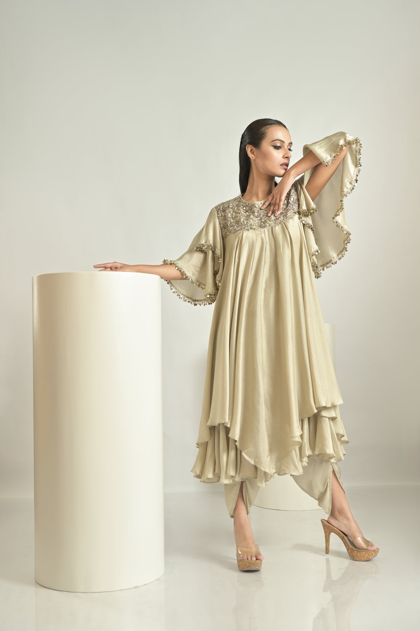 Beige Asymmetrical Drape Kurta With Dhoti