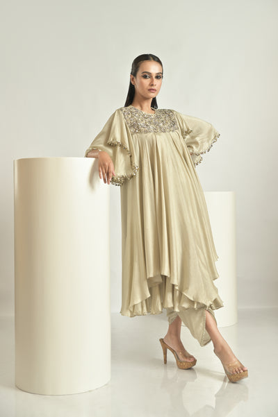 Beige Asymmetrical Drape Kurta With Dhoti