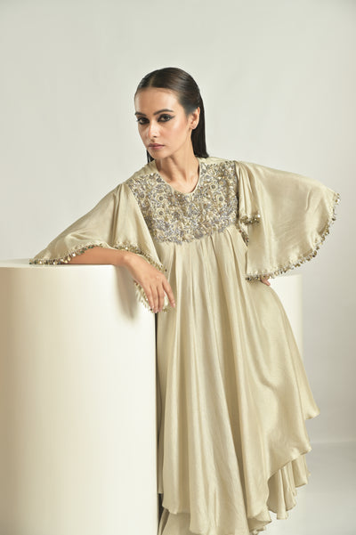 Beige Asymmetrical Drape Kurta With Dhoti