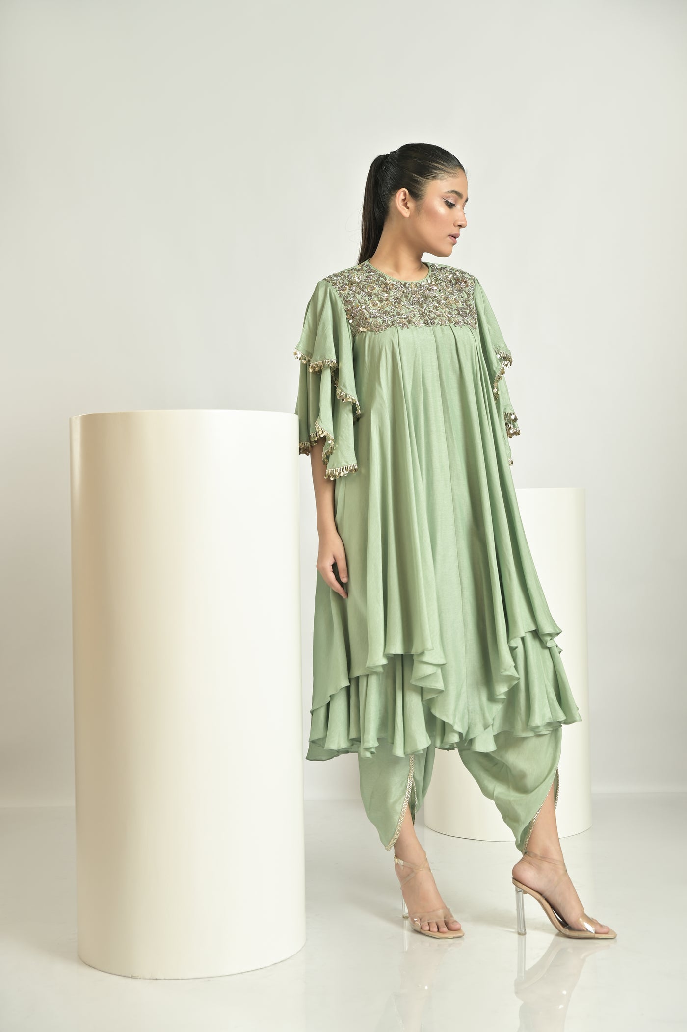 Green Asymmetrical Drape Kurta With Dhoti