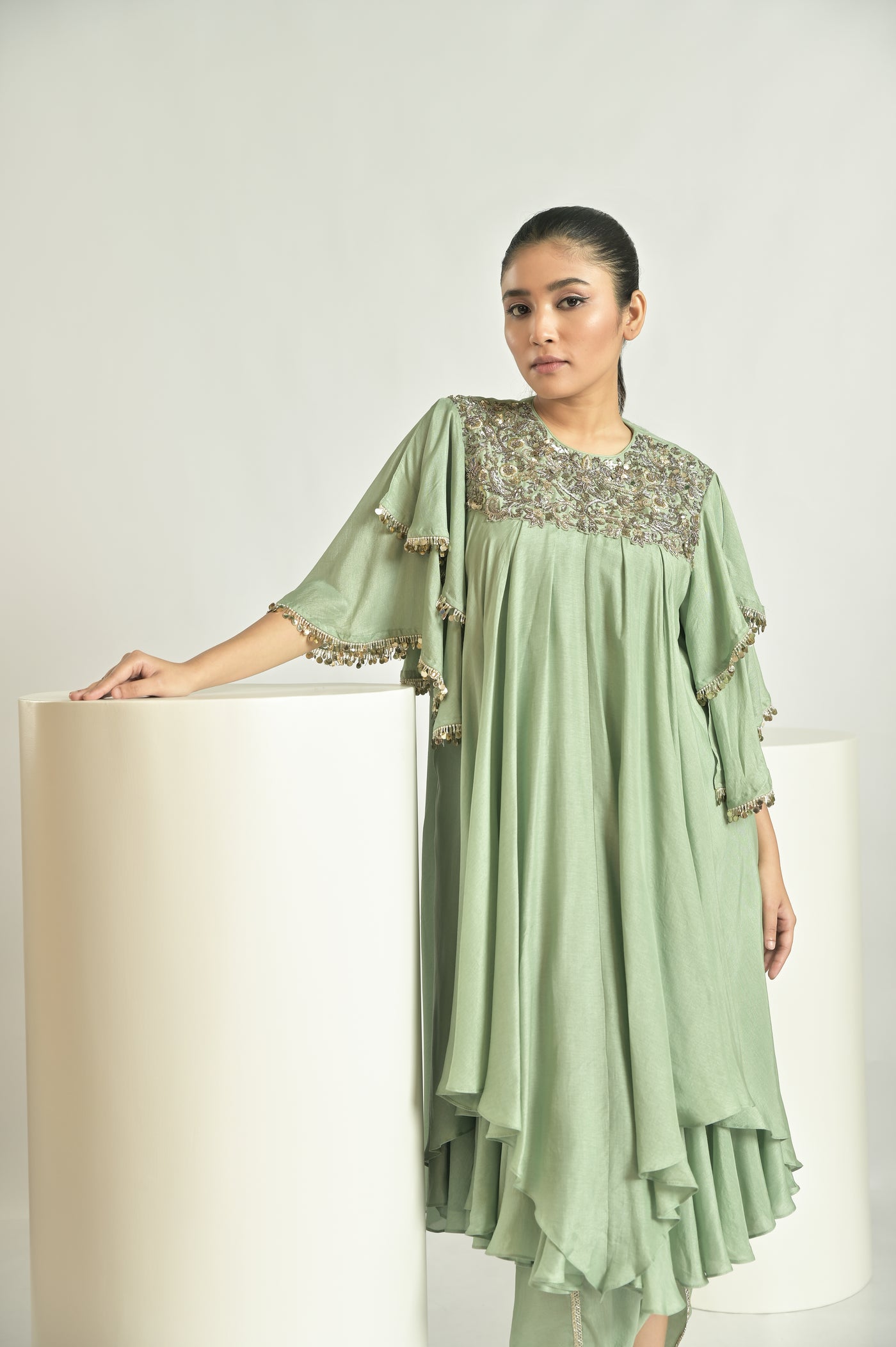 Green Asymmetrical Drape Kurta With Dhoti