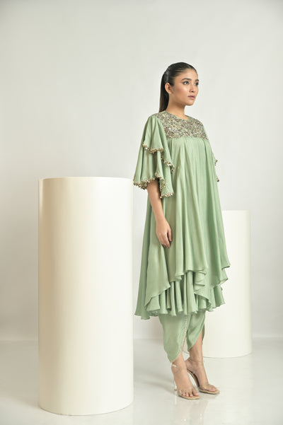 Green Asymmetrical Drape Kurta With Dhoti