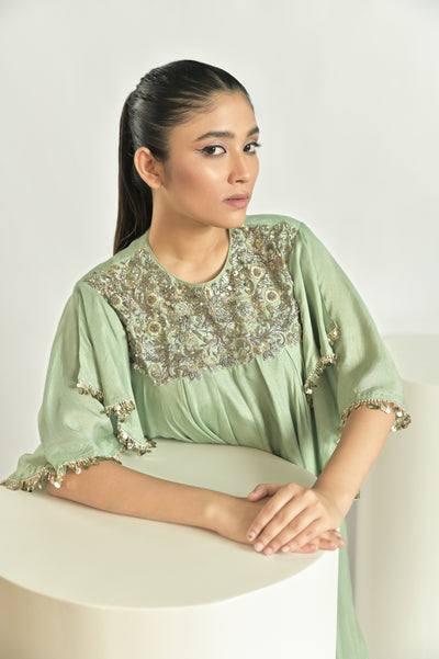 Green Asymmetrical Drape Kurta With Dhoti