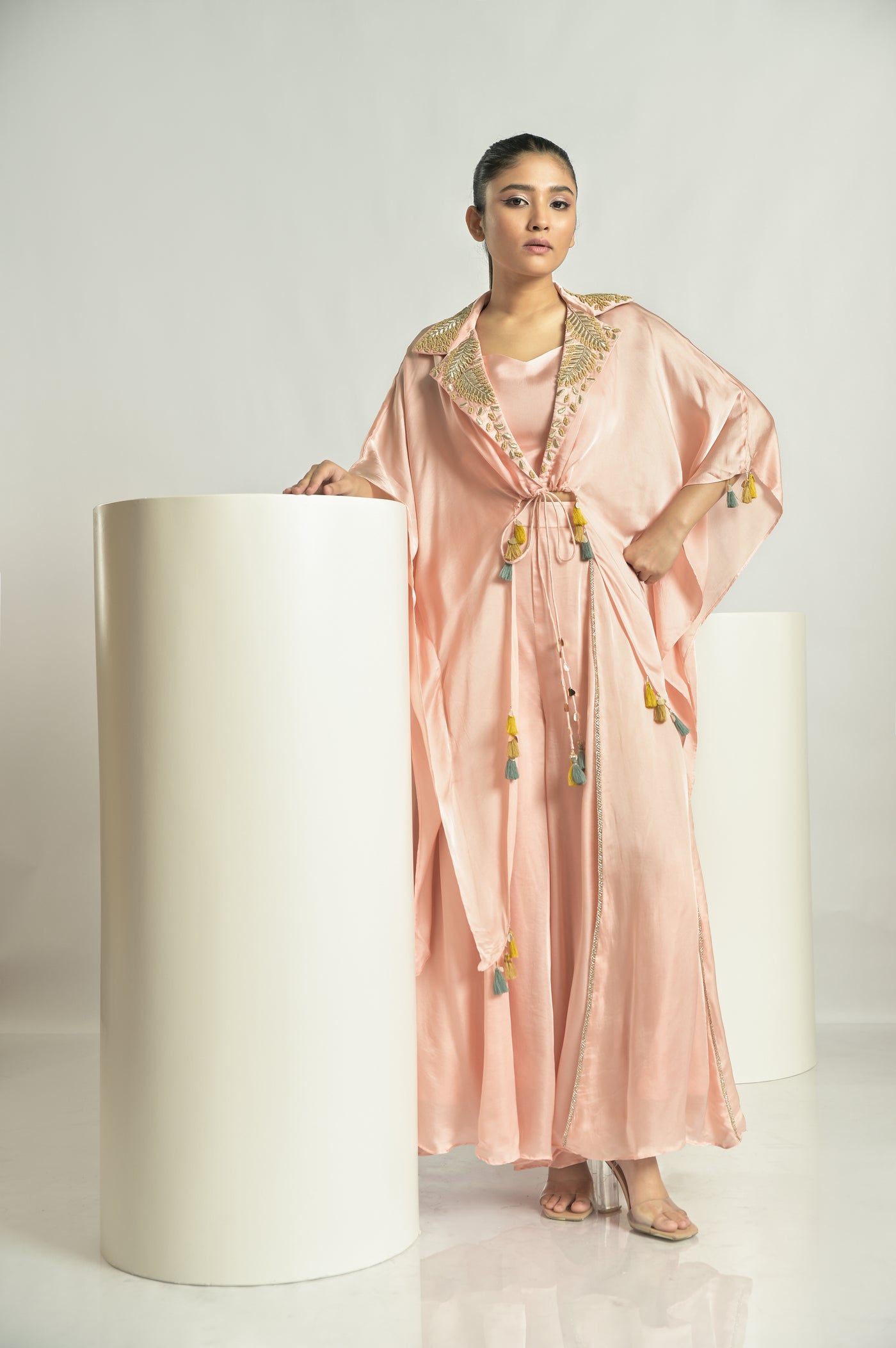 Peach Asymmetrical Cape Sharara Set