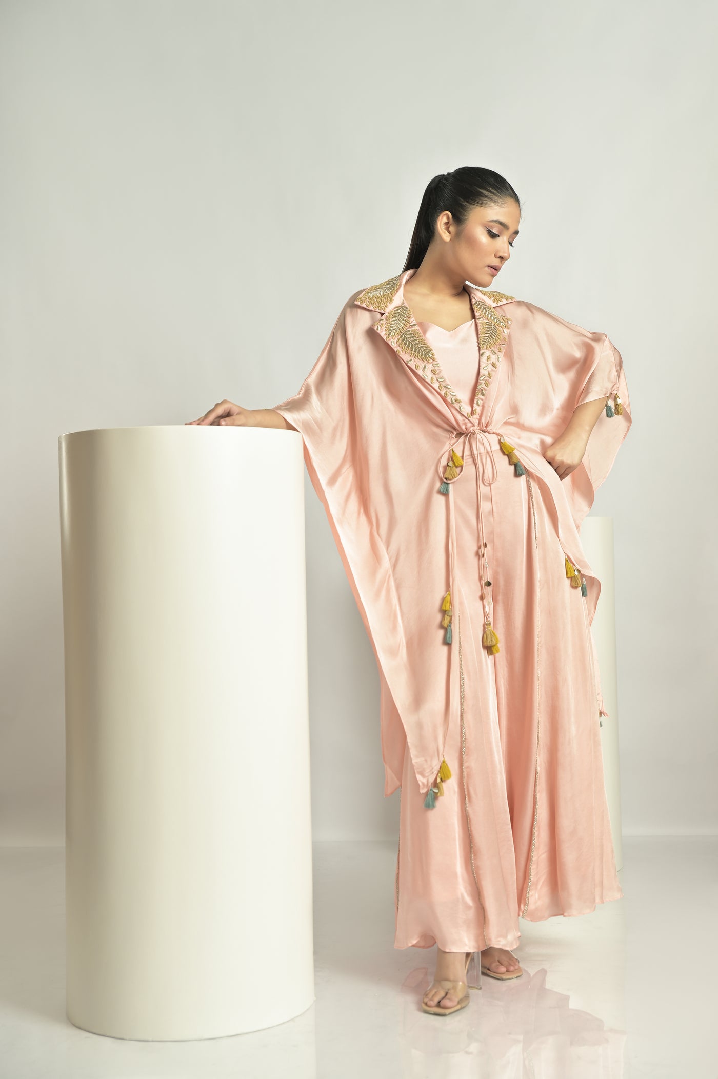 Peach Asymmetrical Cape Sharara Set