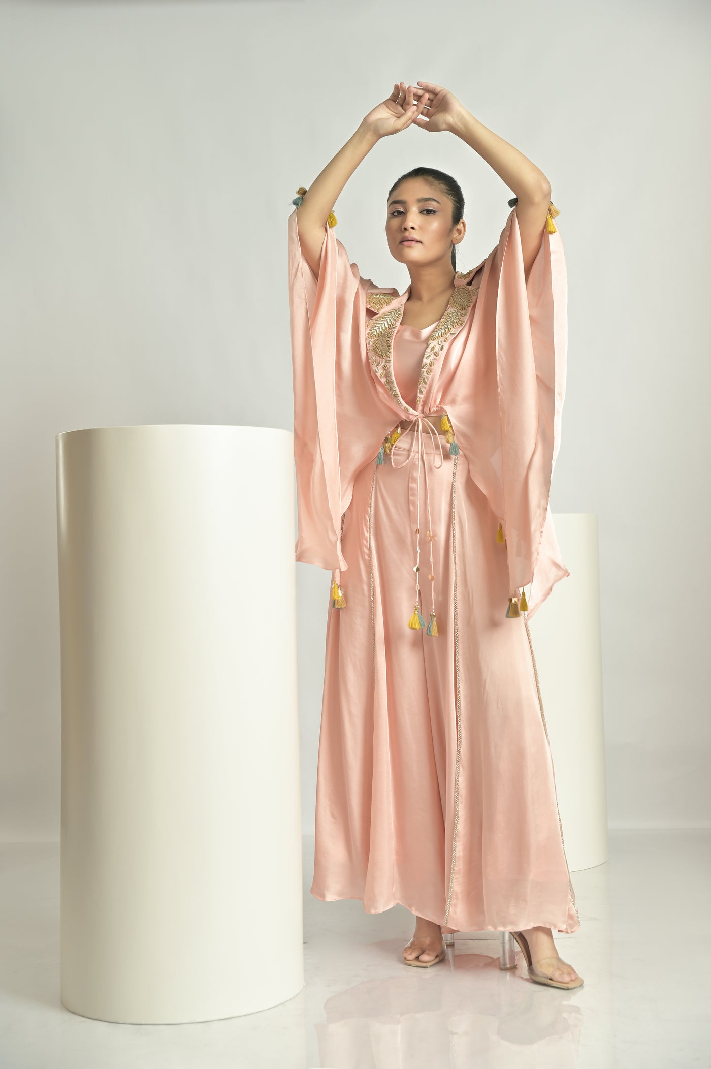 Peach Asymmetrical Cape Sharara Set