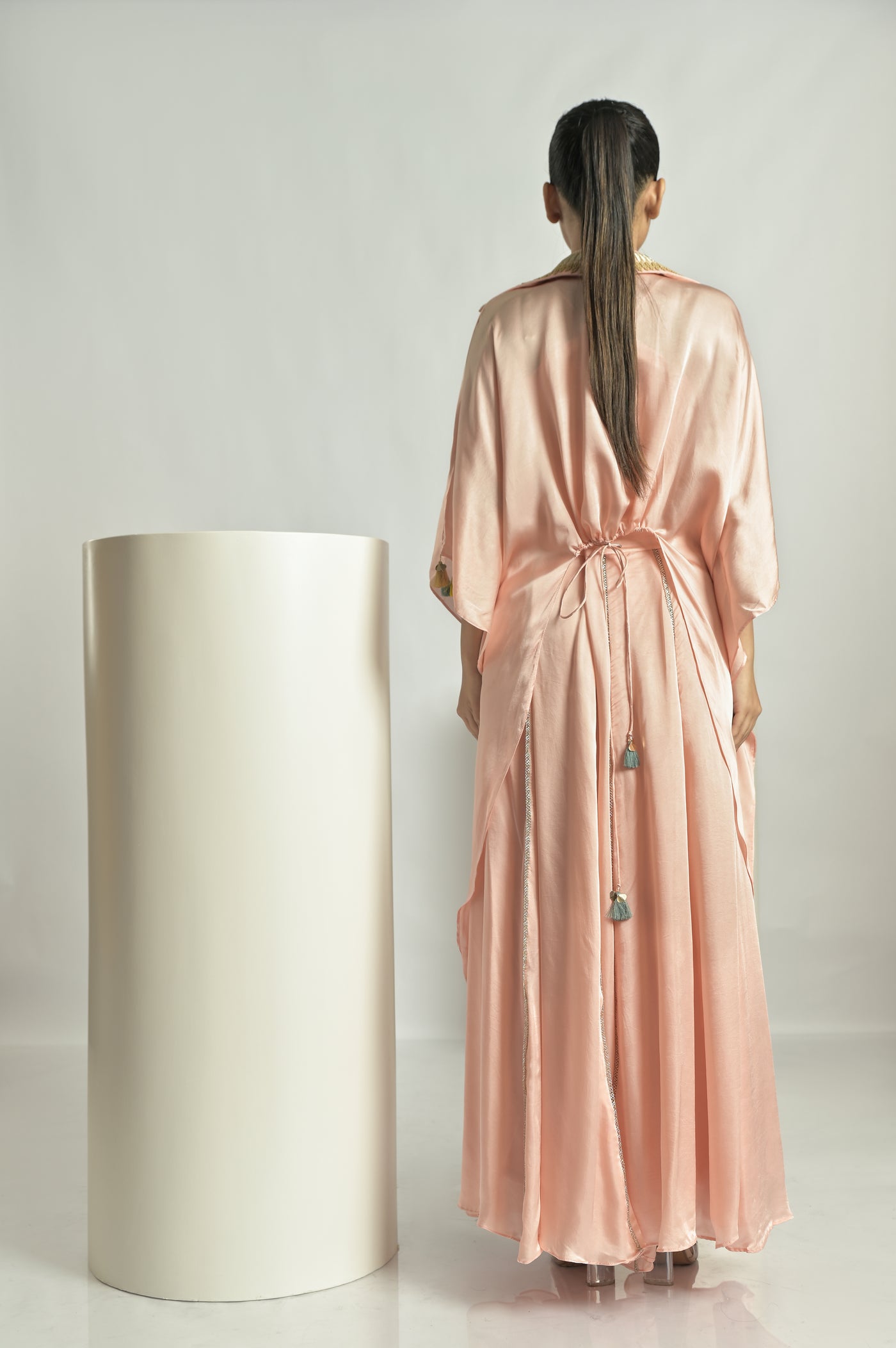 Peach Asymmetrical Cape Sharara Set