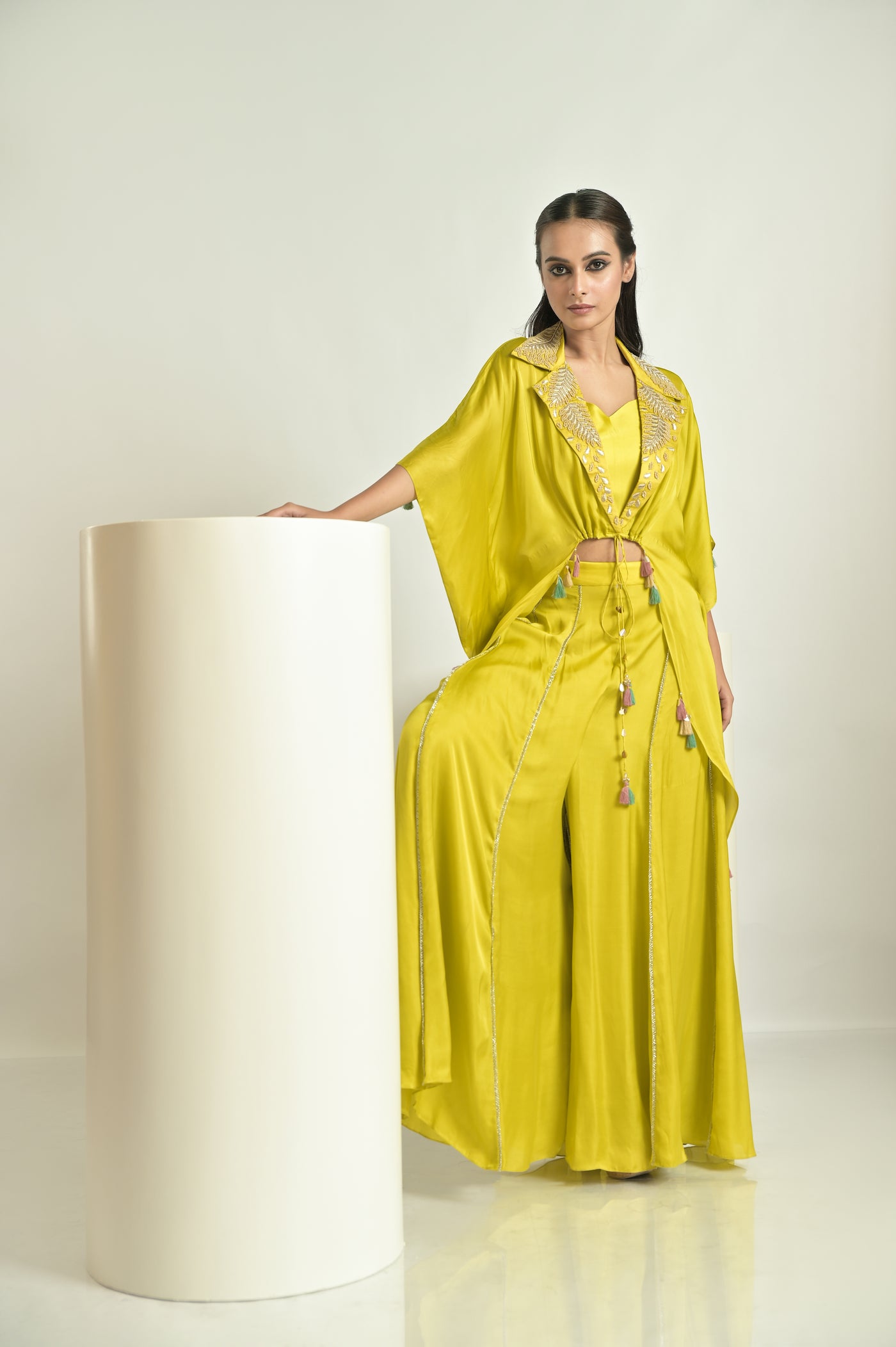 Lime Green Asymmetrical Cape Sharara Set