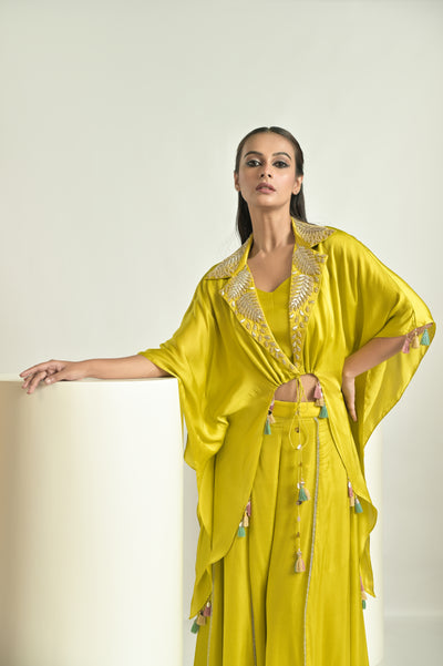 Lime Green Asymmetrical Cape Sharara Set