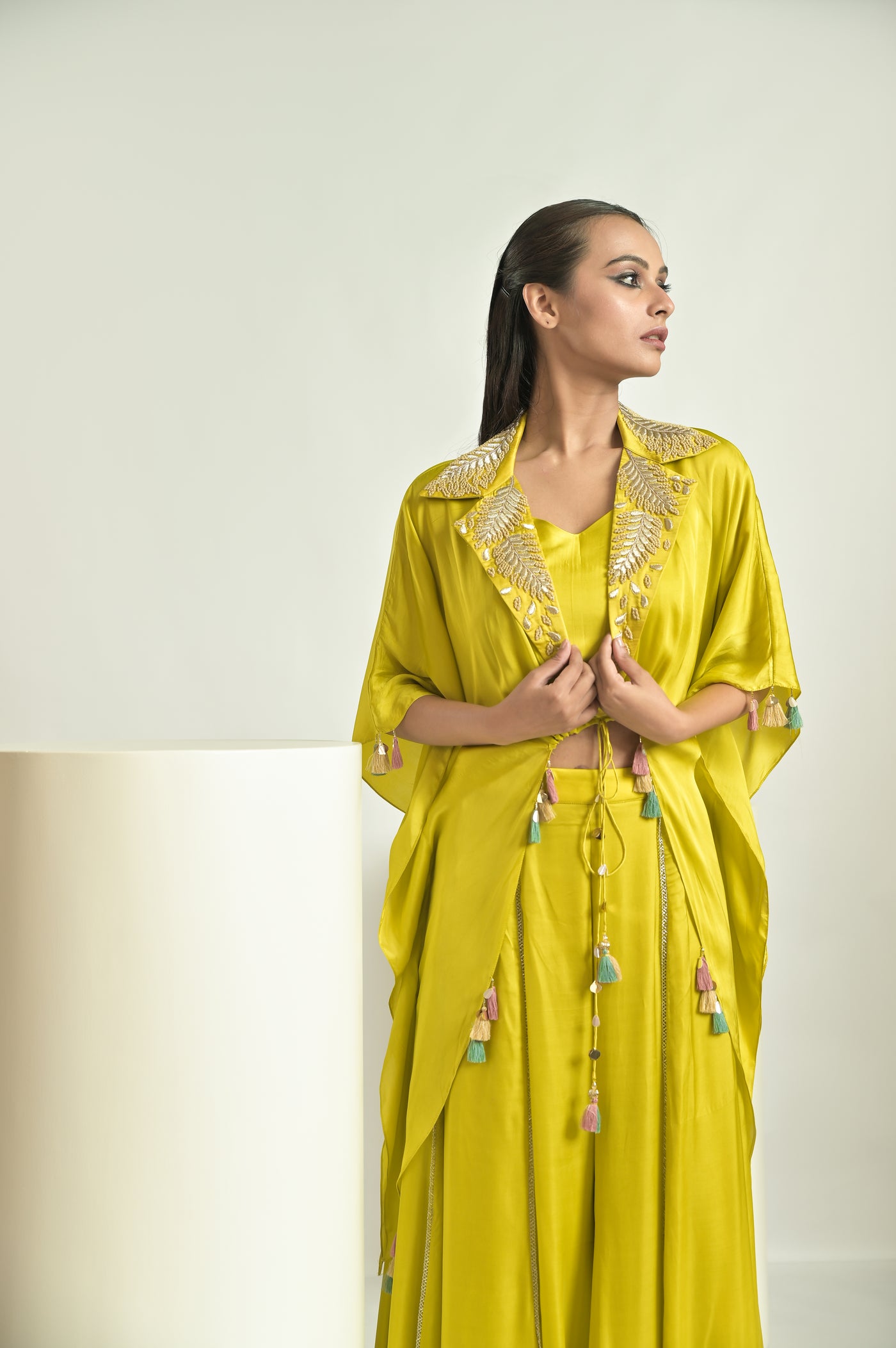 Lime Green Asymmetrical Cape Sharara Set