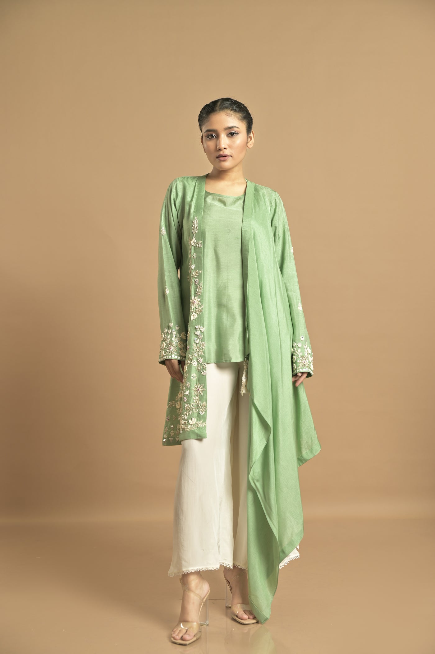 Green Asymmetrical Drape Jacket Set