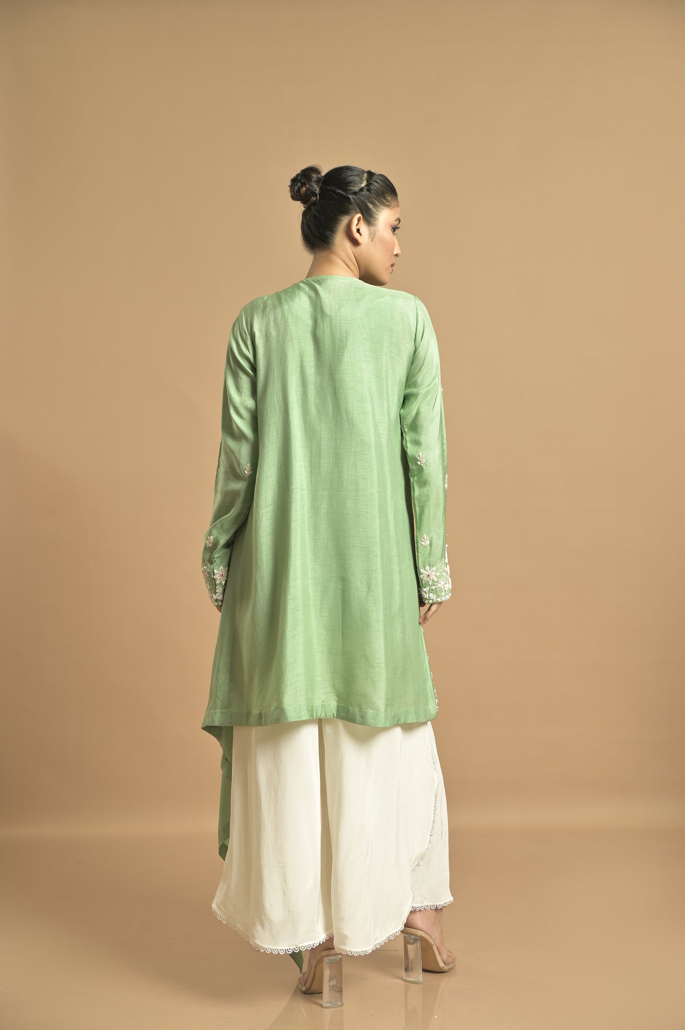 Green Asymmetrical Drape Jacket Set