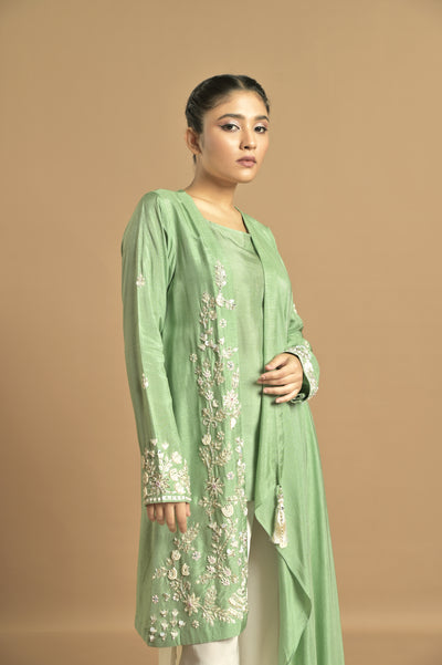 Green Asymmetrical Drape Jacket Set