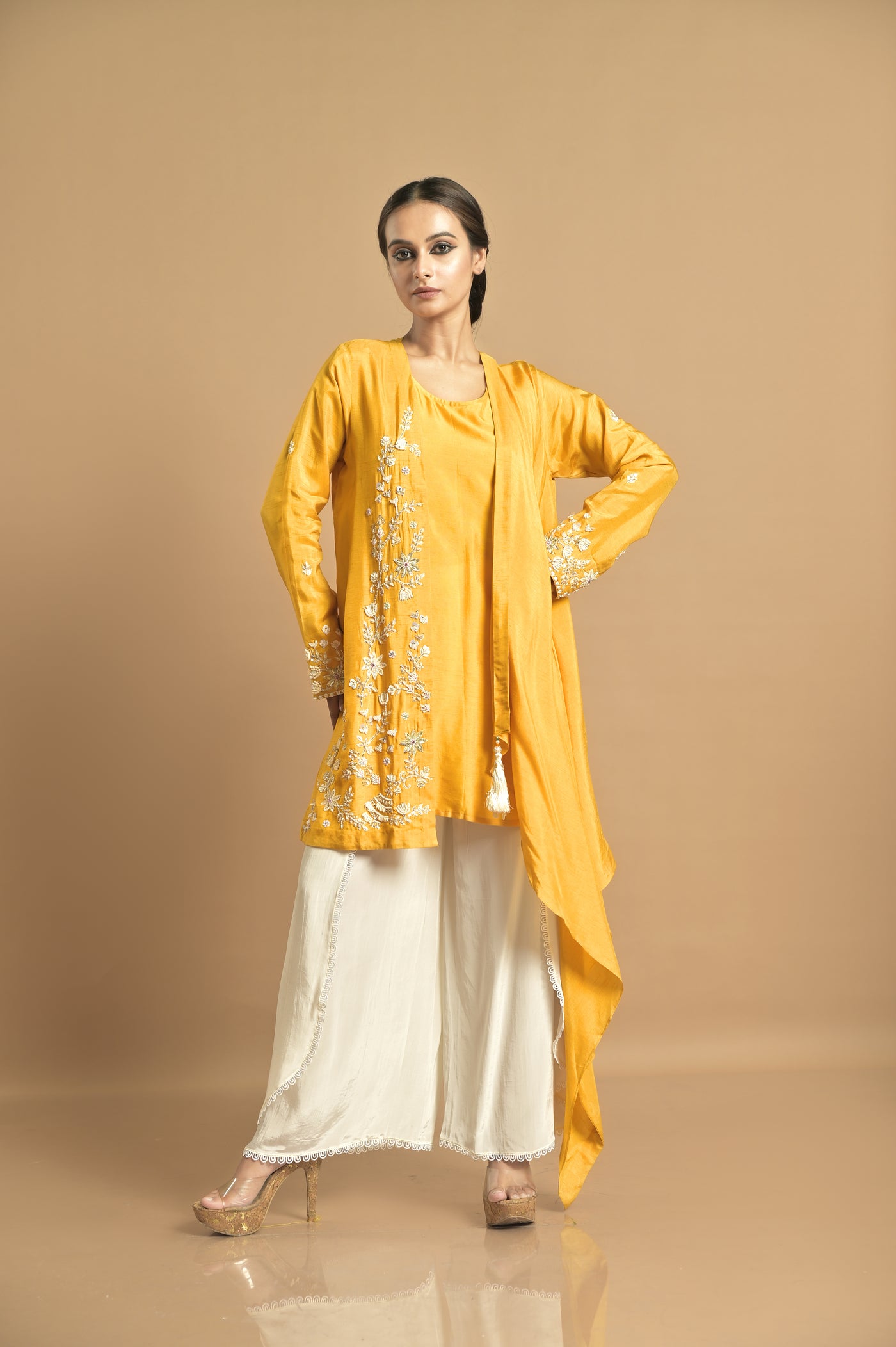 Mustard Asymmetrical Drape Jacket Set