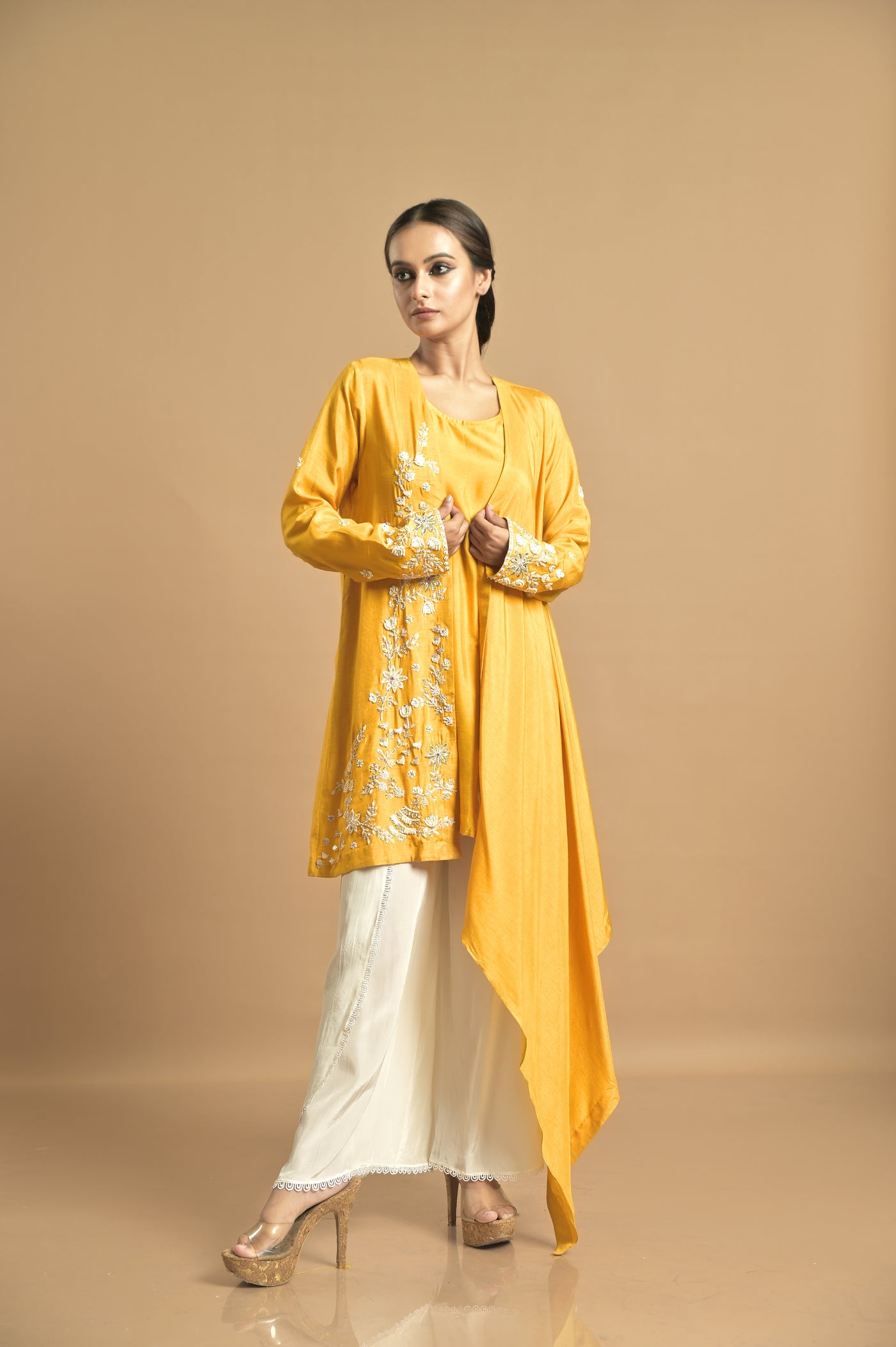 Mustard Asymmetrical Drape Jacket Set