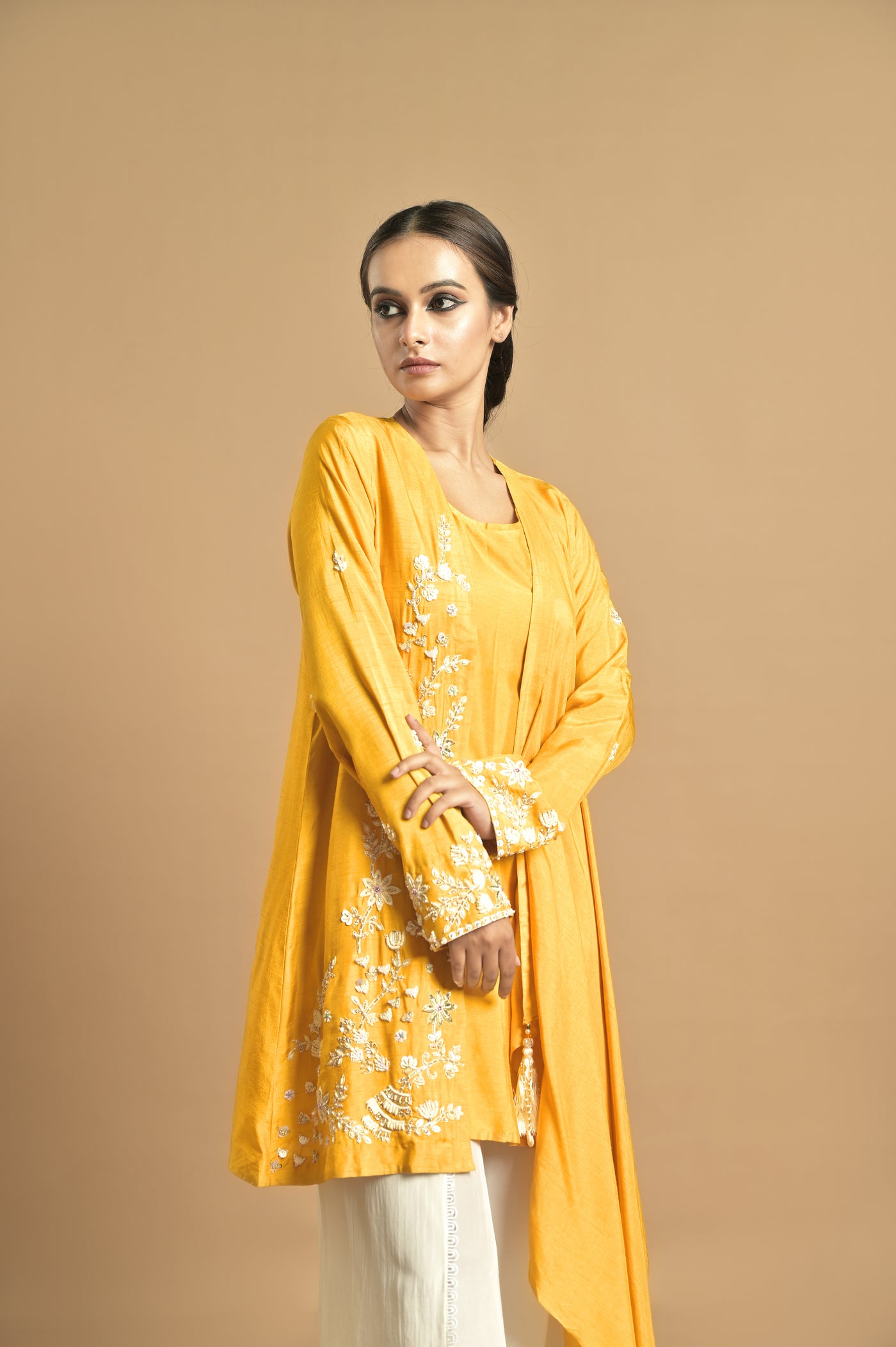 Mustard Asymmetrical Drape Jacket Set