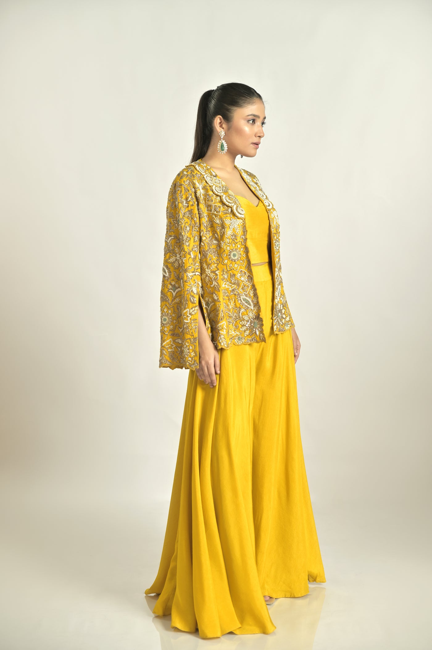 Mustard Emb Jacket With Sharara Set