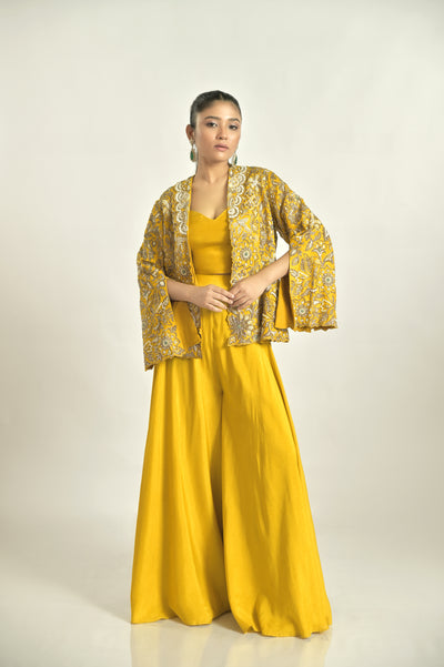 Mustard Emb Jacket With Sharara Set