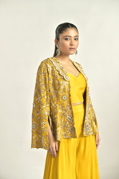 Mustard Emb Jacket With Sharara Set