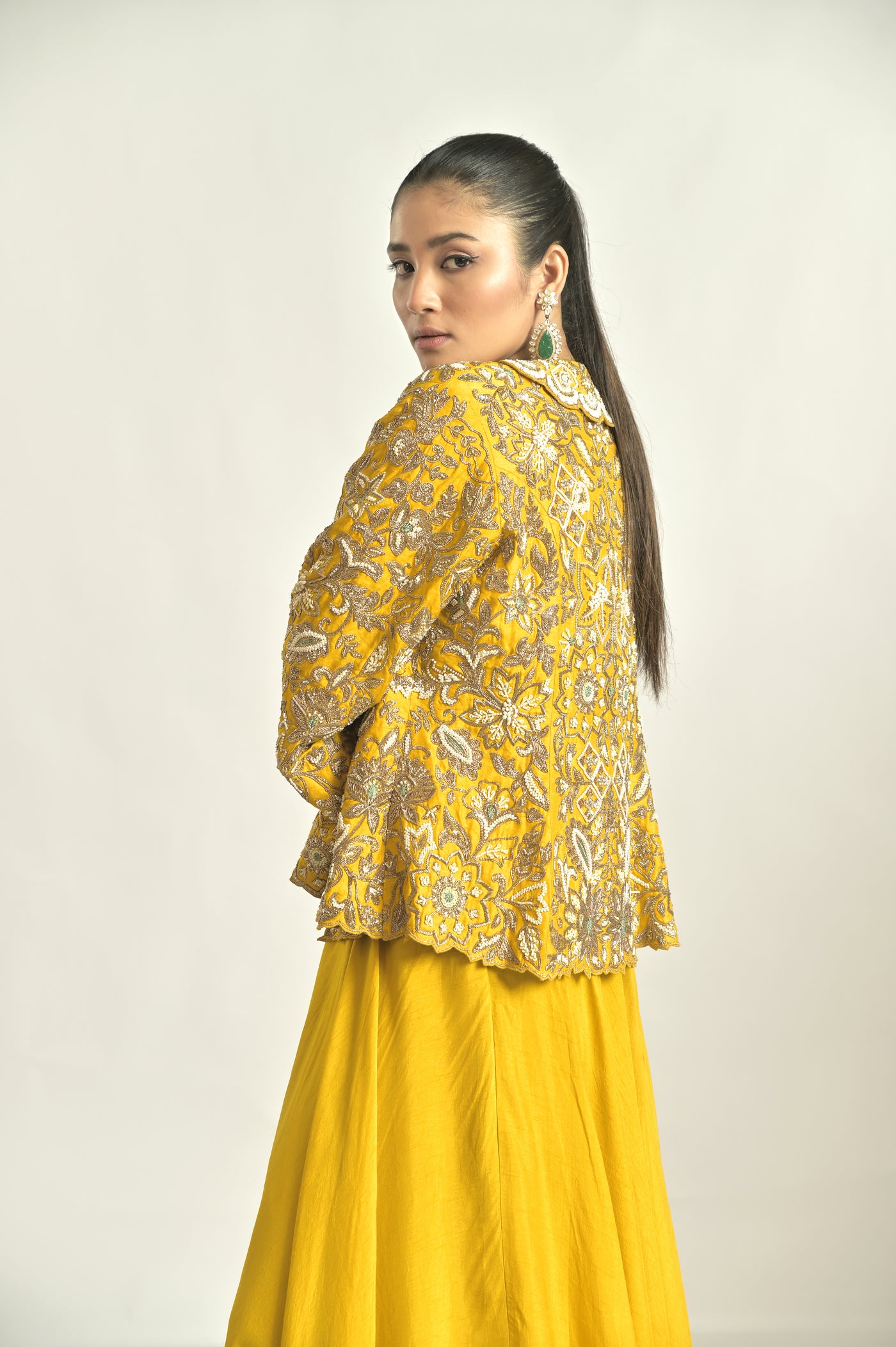 Mustard Emb Jacket With Sharara Set