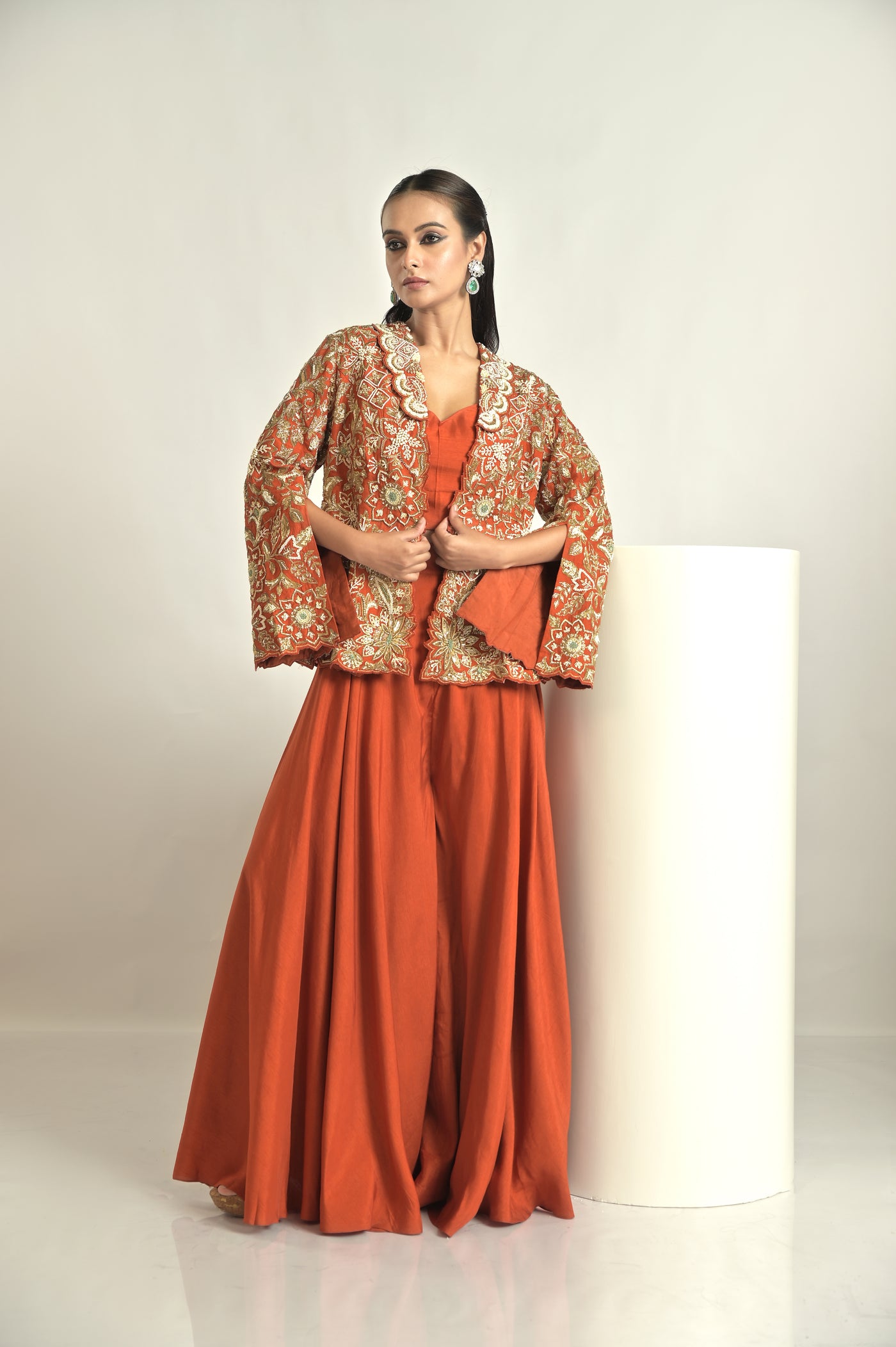 Rust Embroidered Jacket With Sharara Set