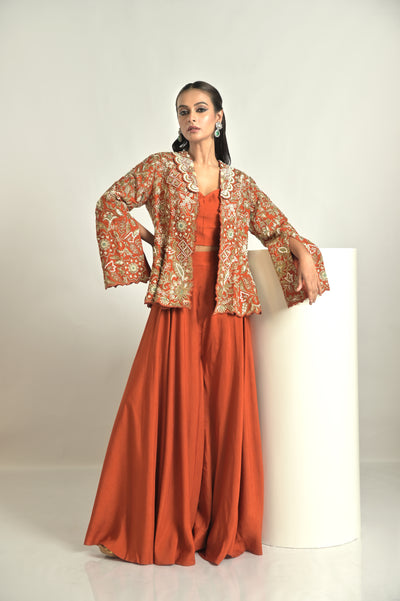 Rust Embroidered Jacket With Sharara Set