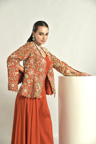 Rust Embroidered Jacket With Sharara Set