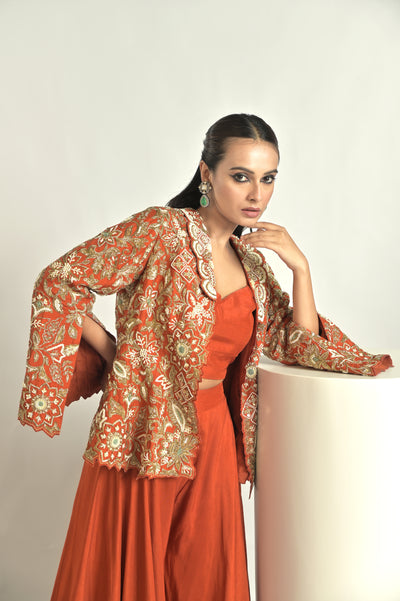 Rust Embroidered Jacket With Sharara Set