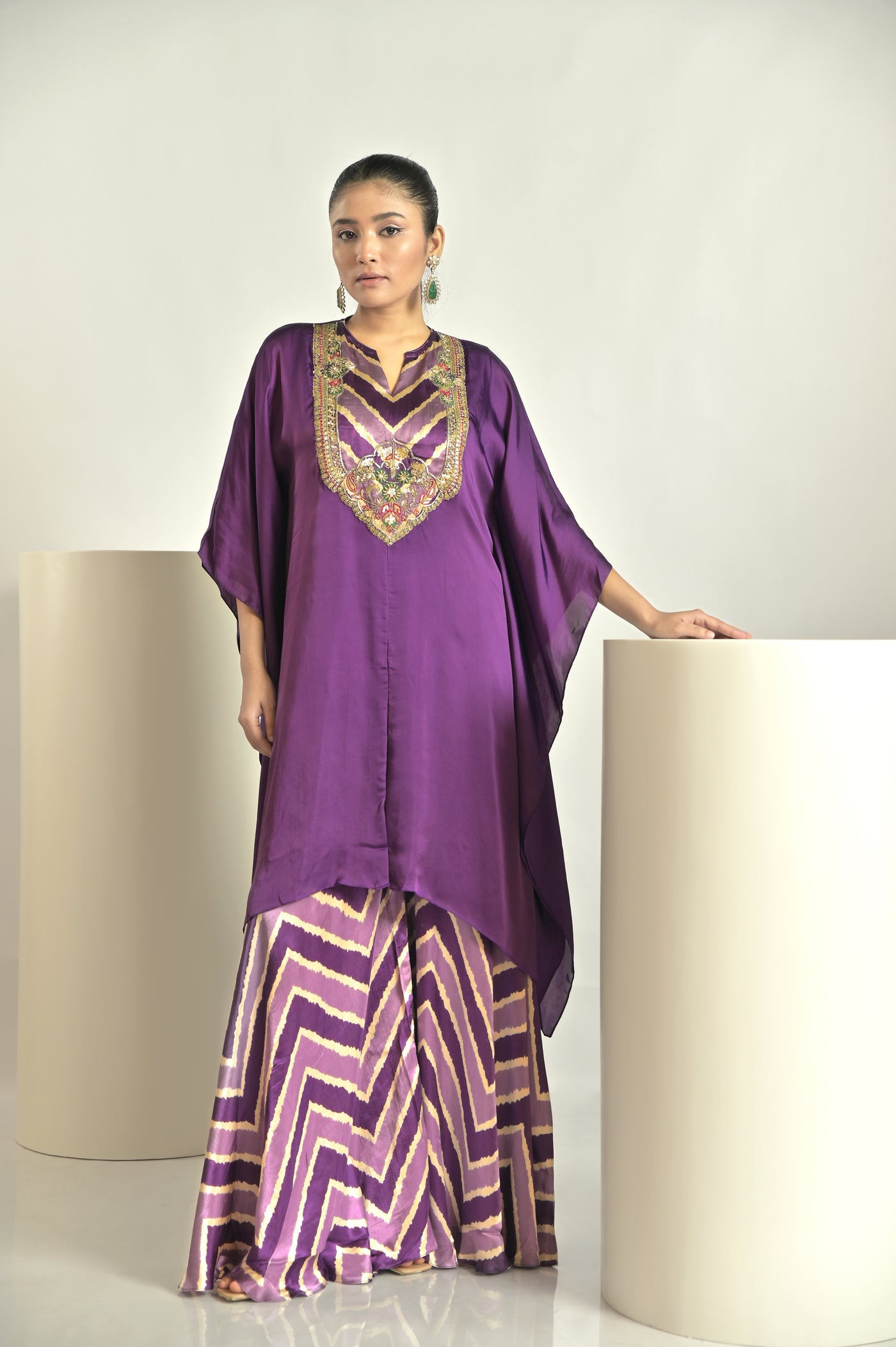 Purple Kaftan With Printed Palazoo